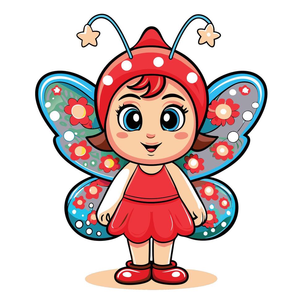 Cute little girl fairy in a red dress with blue butterfly wings vector