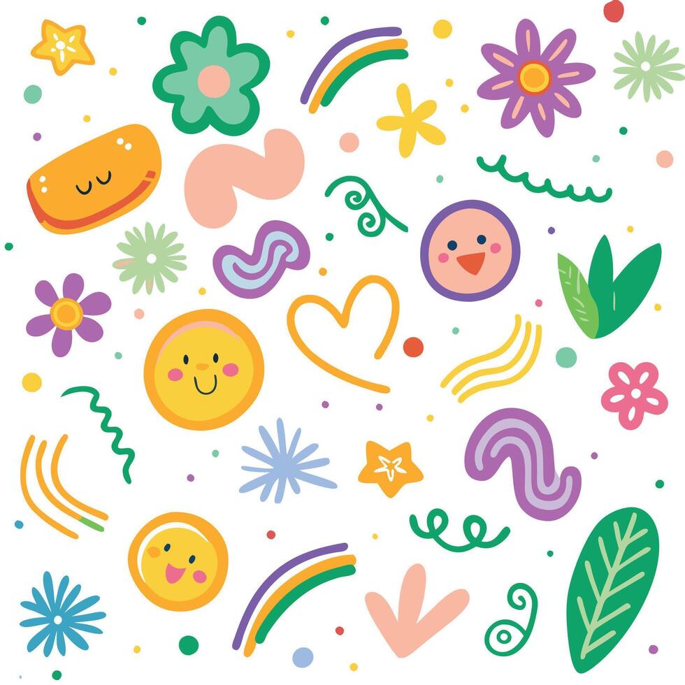 Cute, Colorful Abstract Pattern with Flowers, Shapes, and Faces vector
