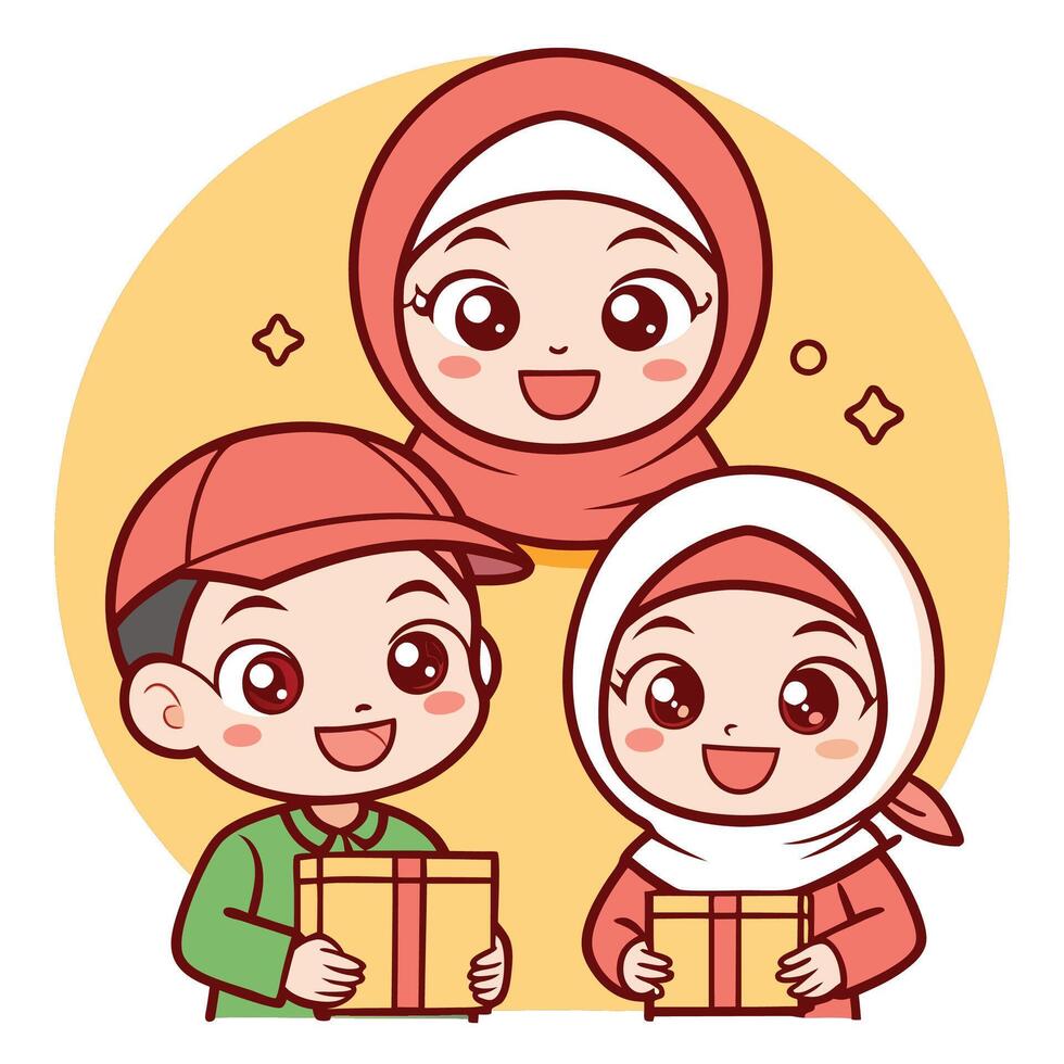 Happy siblings sharing gifts vector