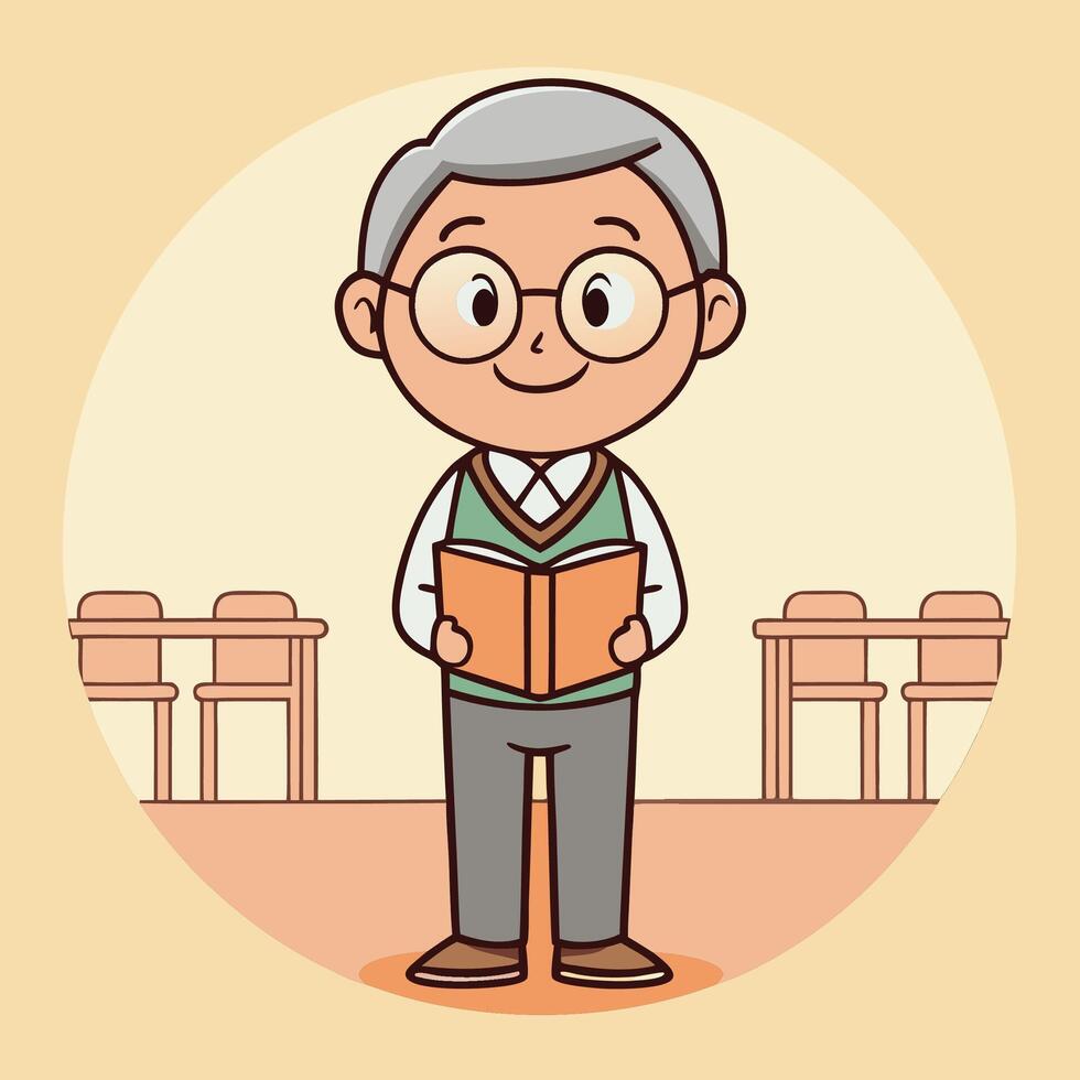 Elderly teacher with book in classroom vector