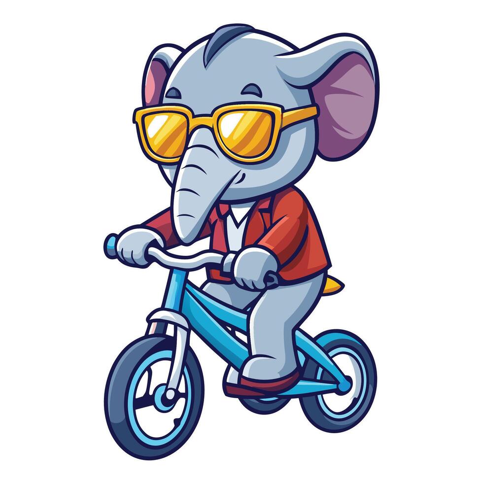 Stylish elephant in sunglasses riding a blue bicycle. vector