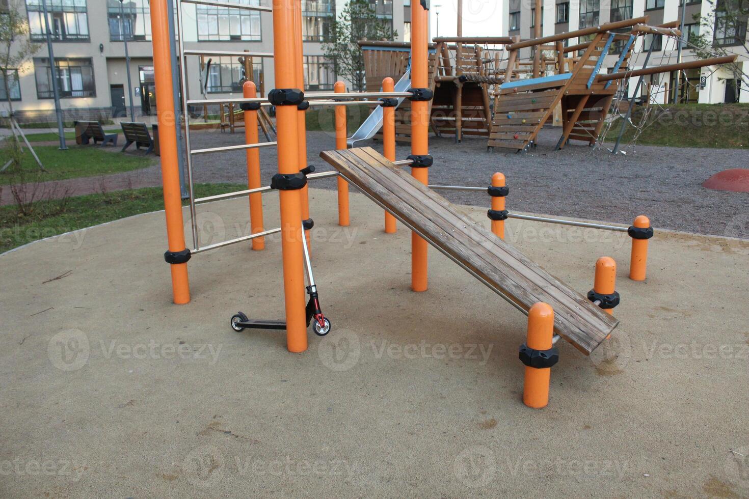Modern playground with rope ladders. Modern courtyard photo