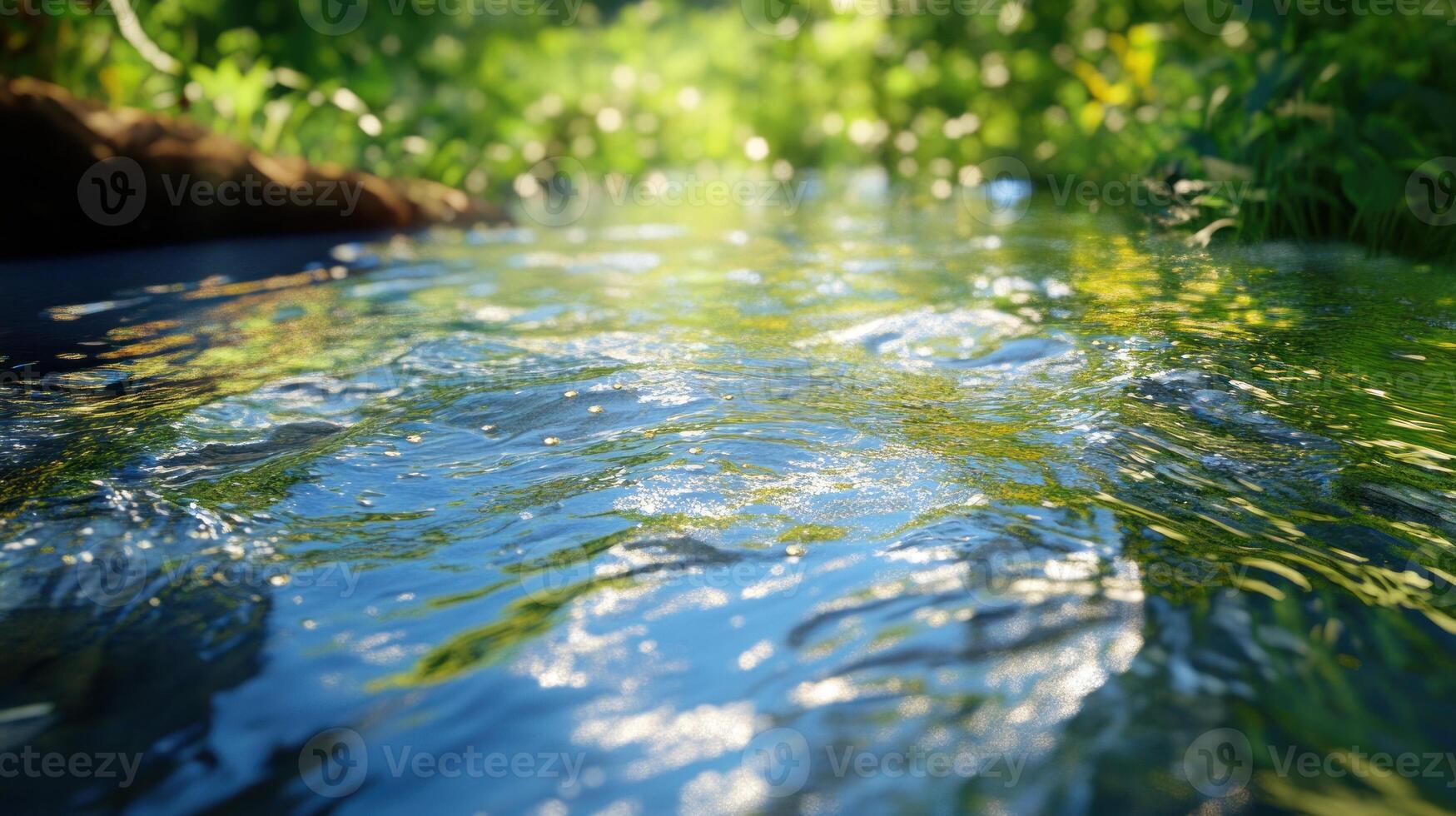 Rippling Stream in a Lush Forest with Sunlit Reflections photo