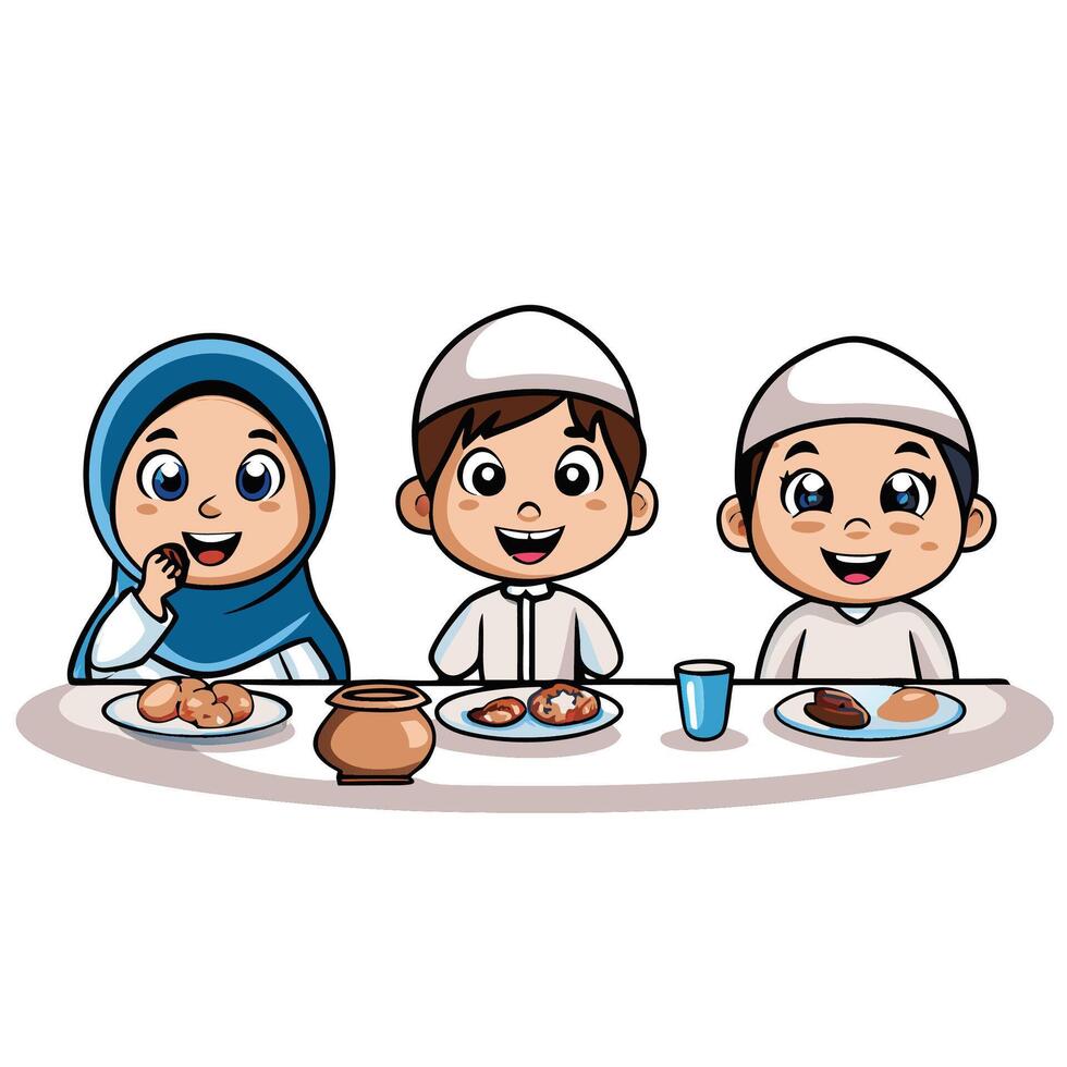 Cartoon children eating a meal together vector