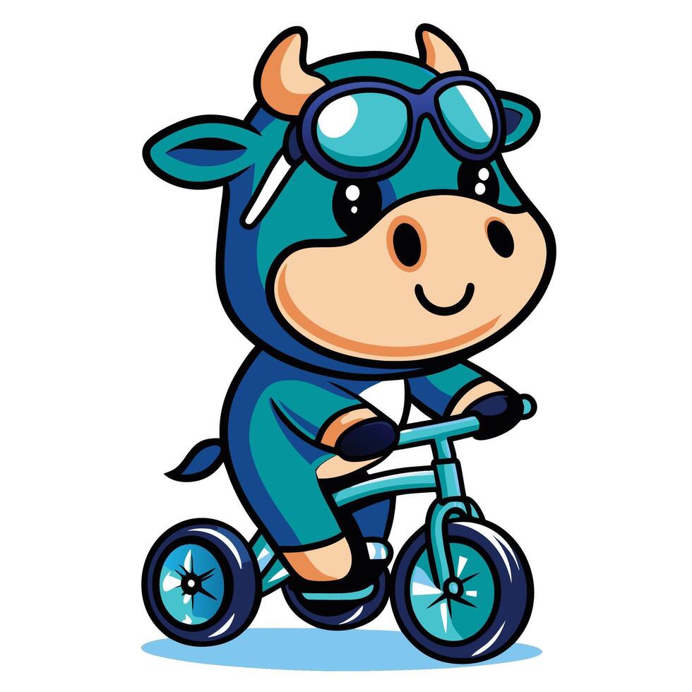 Cute blue cow riding a tricycle vector