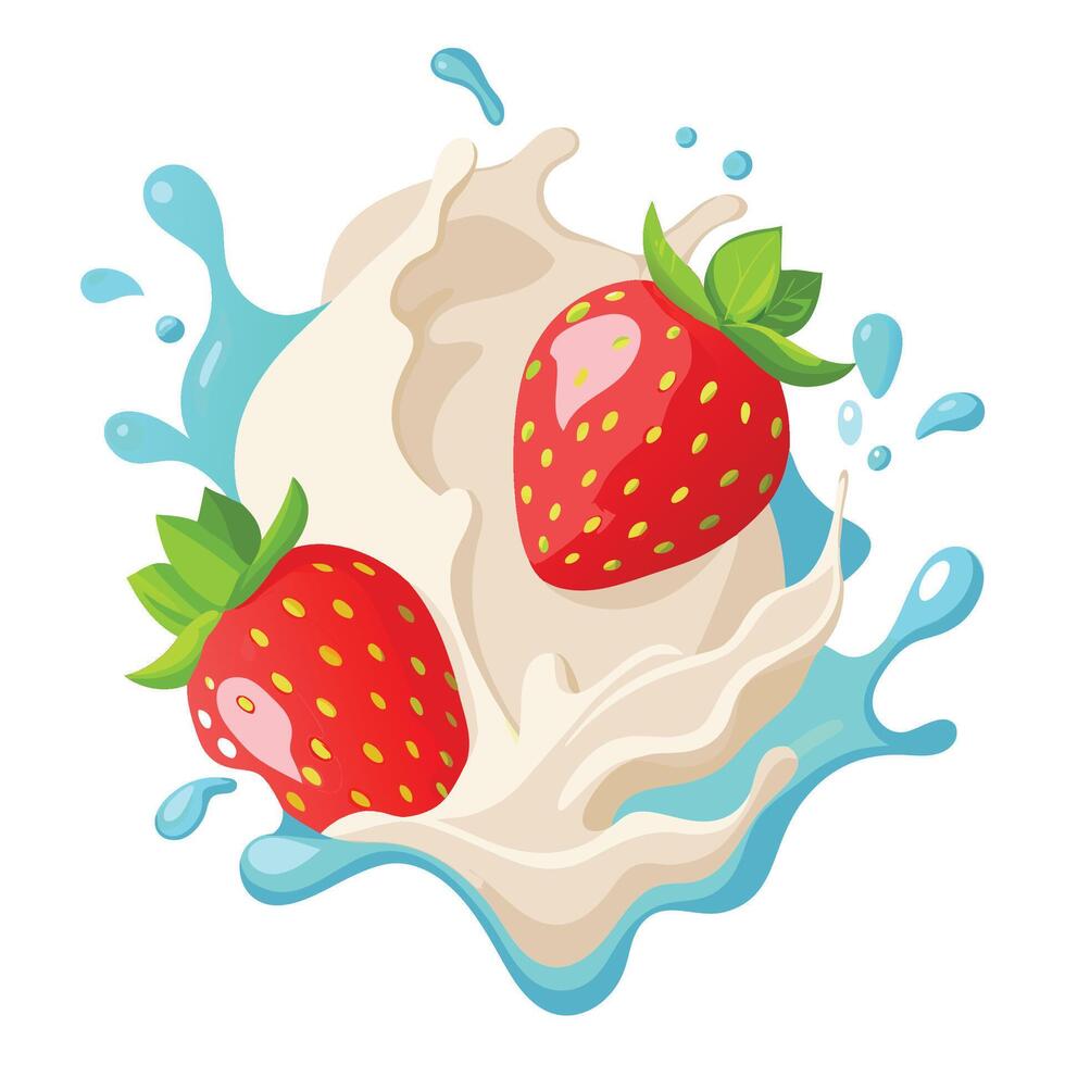 Two strawberries splashing in creamy liquid. vector