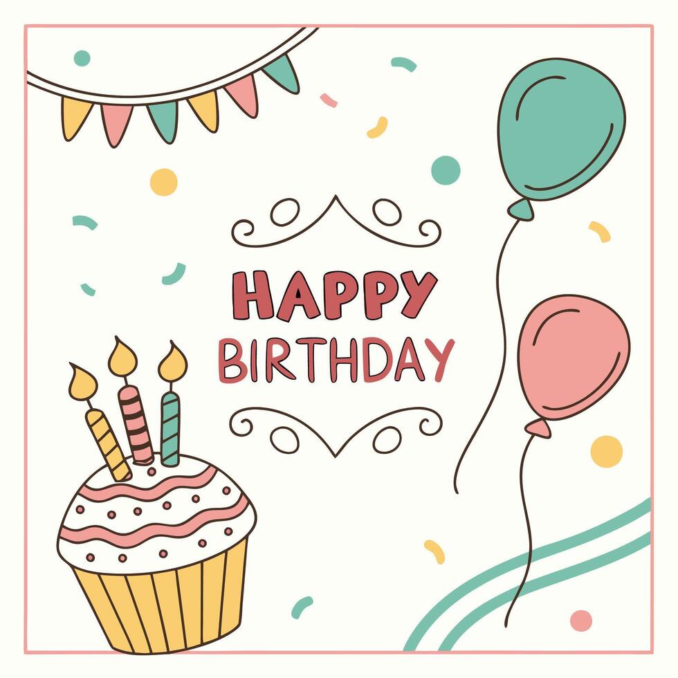 white background happy birthday card with cupcake and balloons vector