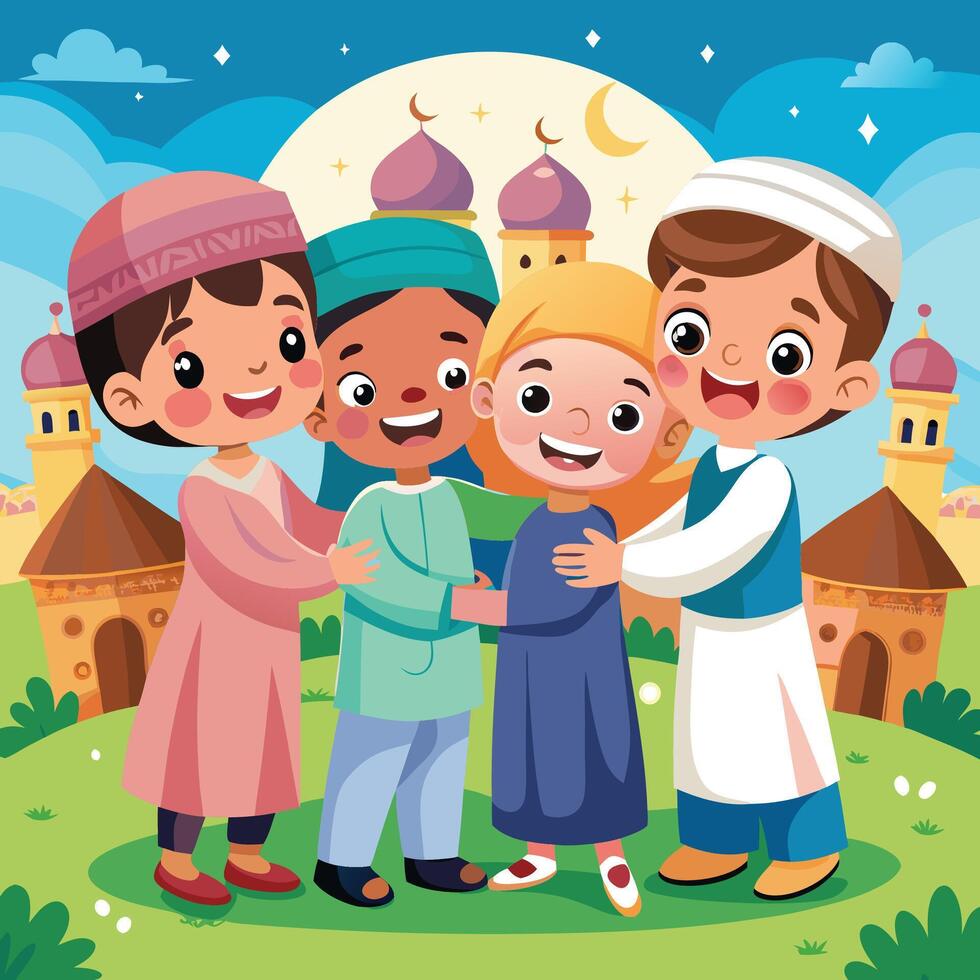 Children Embracing in a Colorful Islamic Setting vector