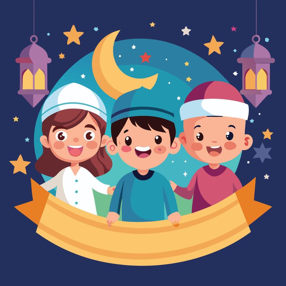 Three smiling children with night sky and lanterns background. vector