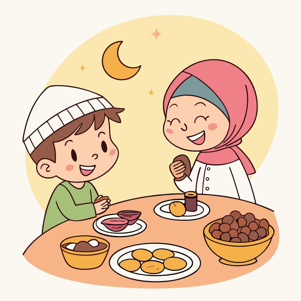 Happy Muslim children enjoying Ramadan dinner together at night. vector