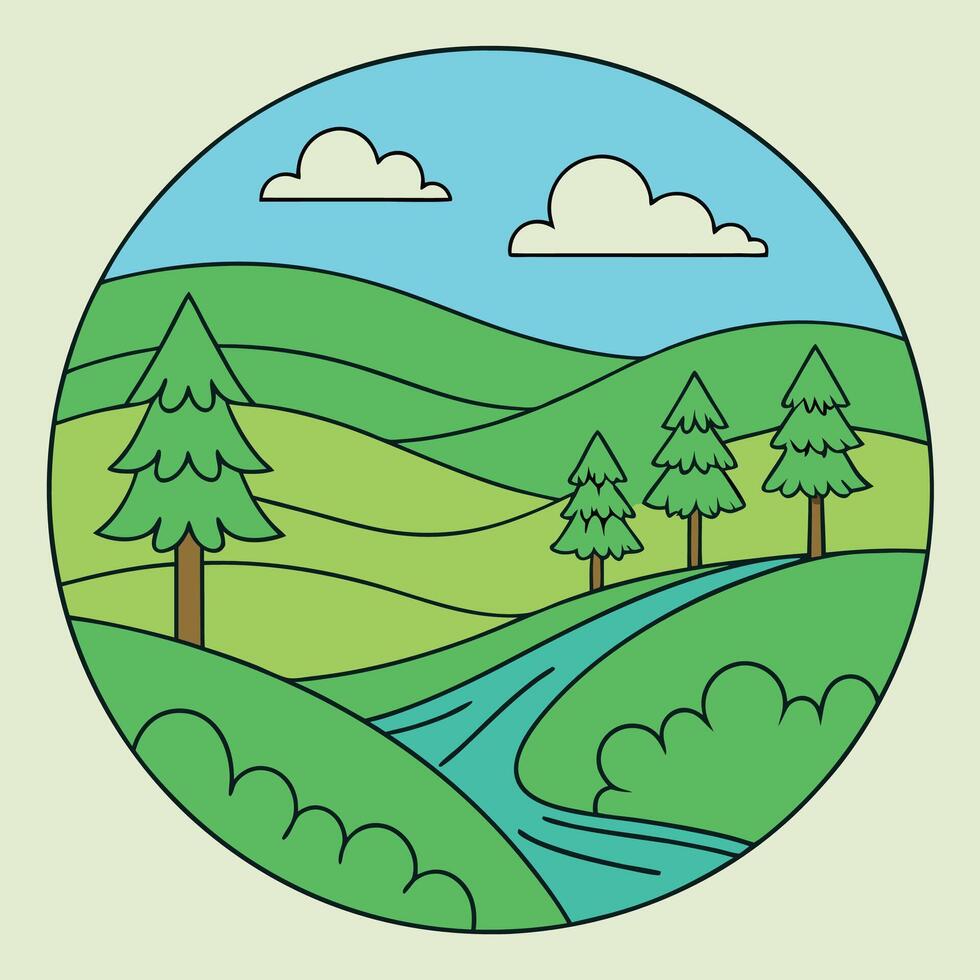 Serene landscape in a circle vector
