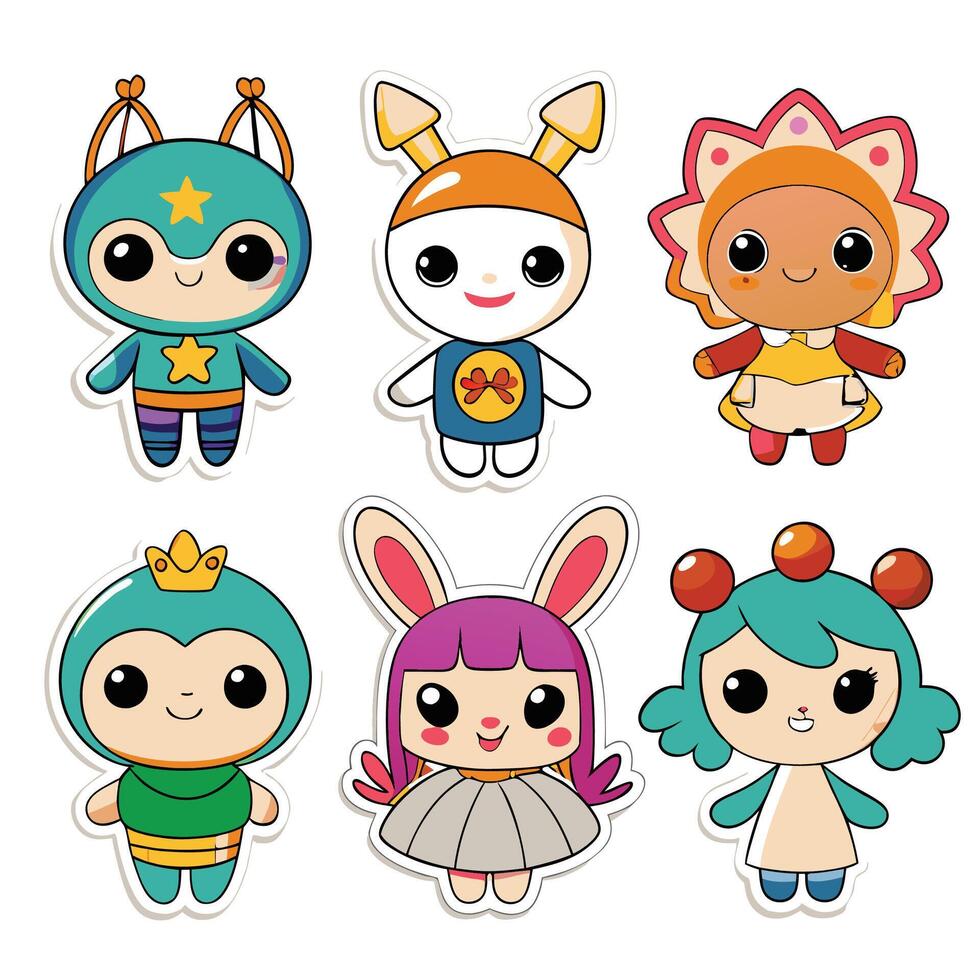 Six adorable cartoon characters with unique designs and vibrant colors. vector