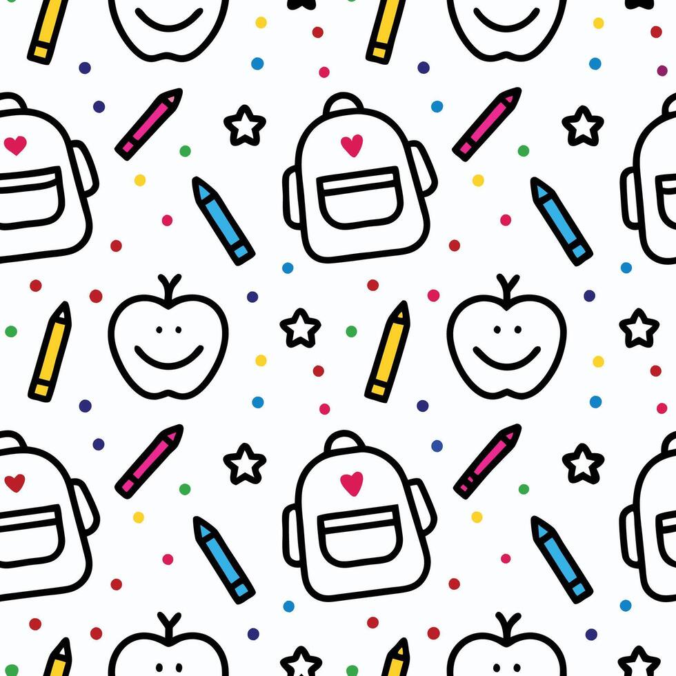 Seamless pattern with school supplies, apples, and stars on white background. vector