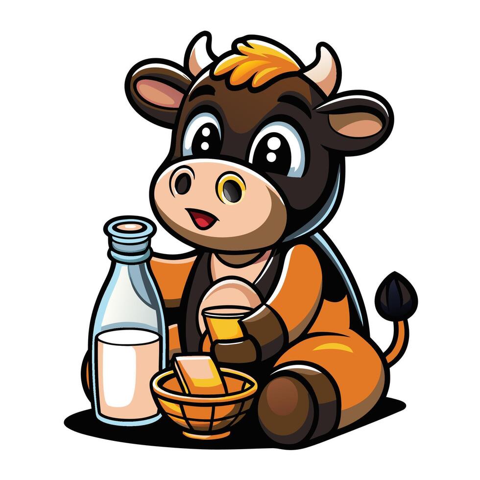 Cute cartoon cow enjoying milk and cheese vector
