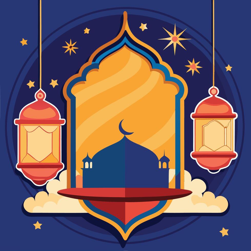 Night Sky Islamic Design with Mosque and Lanterns vector