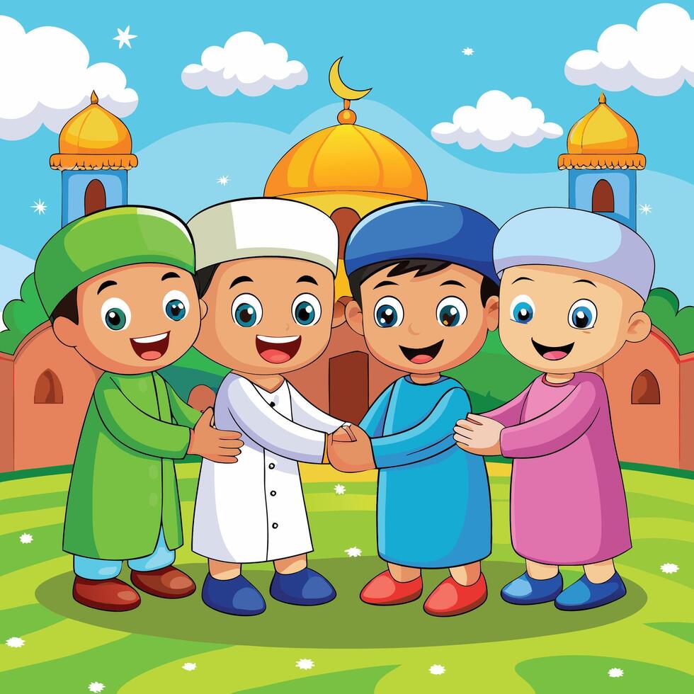 Four Muslim children greeting each other in front of a mosque vector