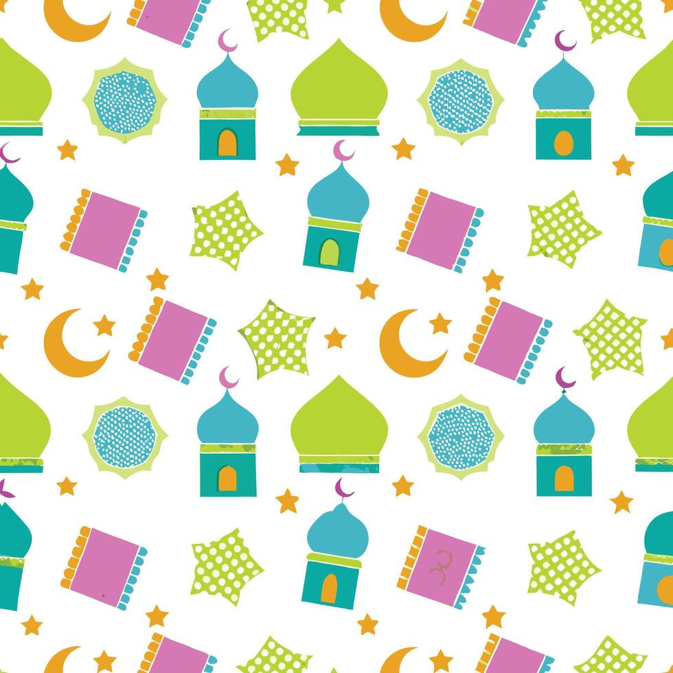 ramadan seamless pattern with colorful mosque and stars vector