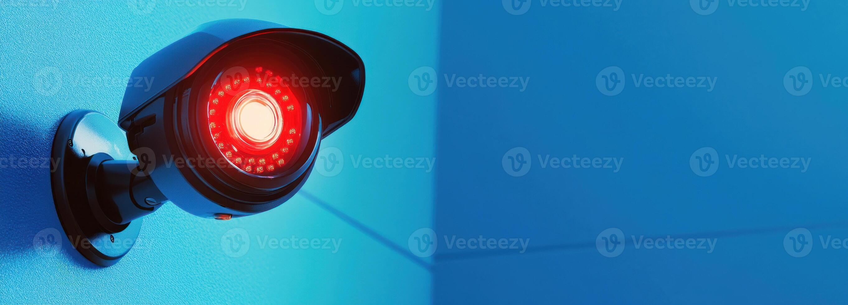 Security Camera with Red LED Light on Blue Wall photo