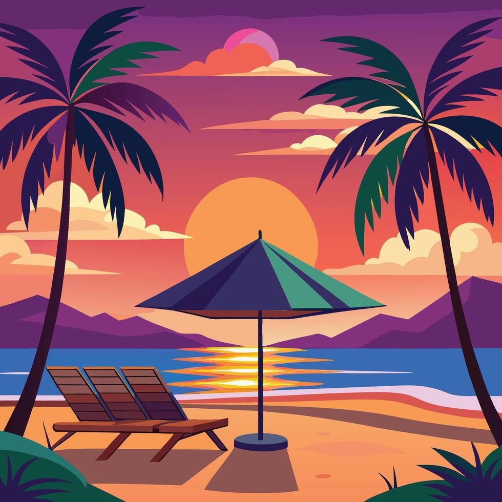 Sunset beach scene with lounge chairs and umbrella. vector