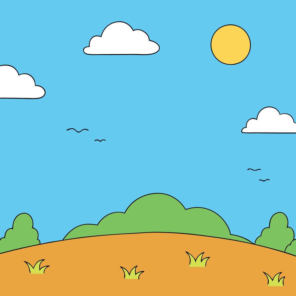 Simple cartoon landscape with sky, clouds, sun, hills, and grass vector