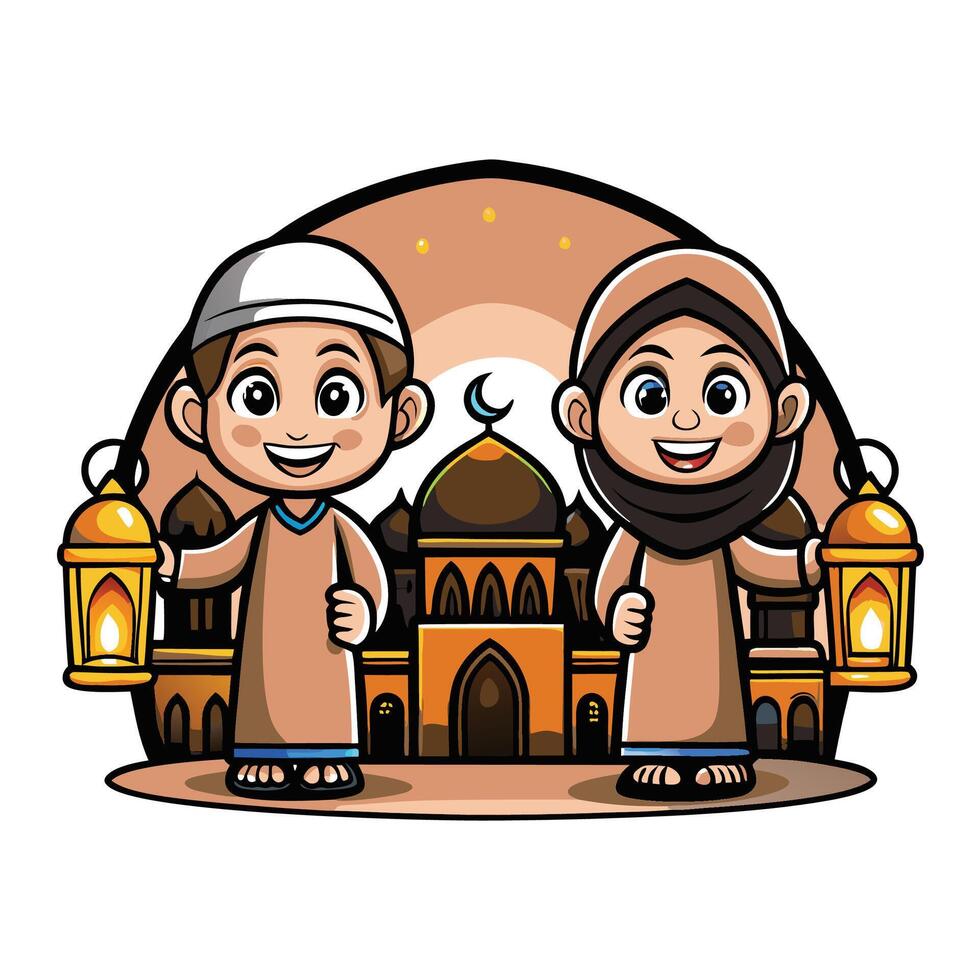 Children holding lanterns in front of a mosque vector