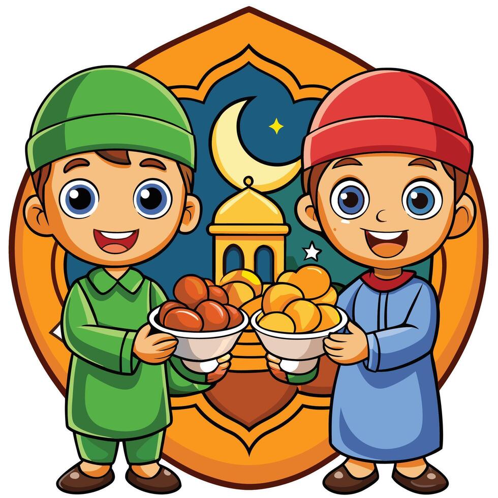 Two happy boys in traditional clothing holding bowls of dates and sweets, celebrating a festive occasion against a night sky backdrop with a crescent moon and star. vector