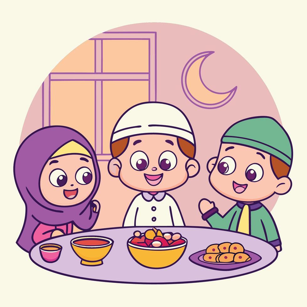 Happy Muslim children enjoying Iftar meal together at home. vector