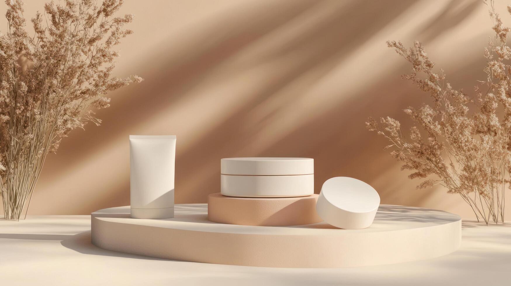 Minimalist Product Display with Cream Tubes and Jars on a Beige Platform photo