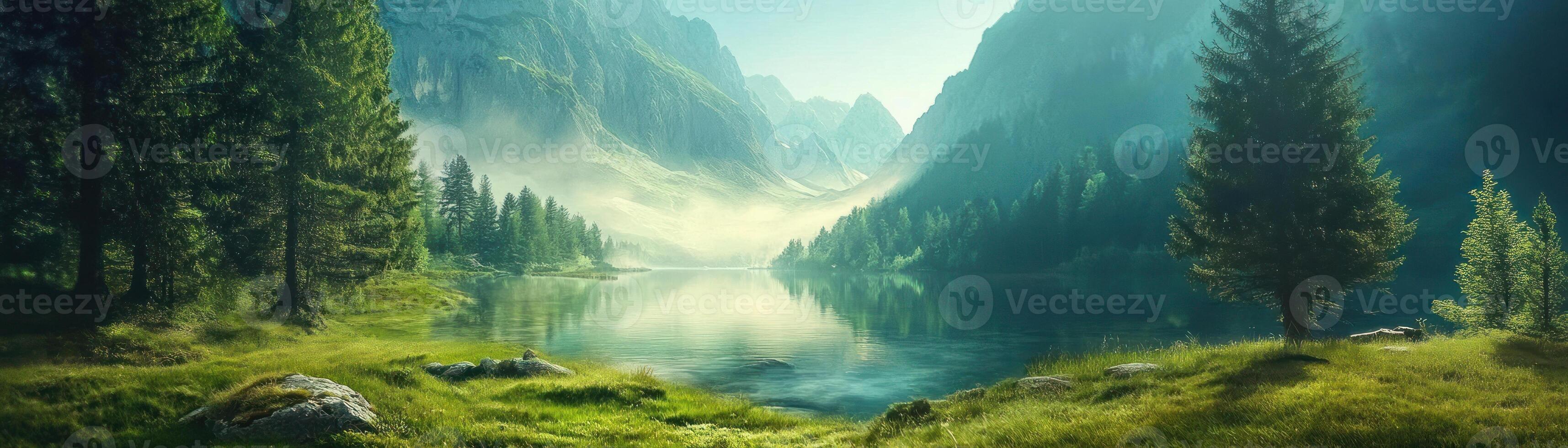 Serene Mountain Lake with Mist and Green Foliage photo
