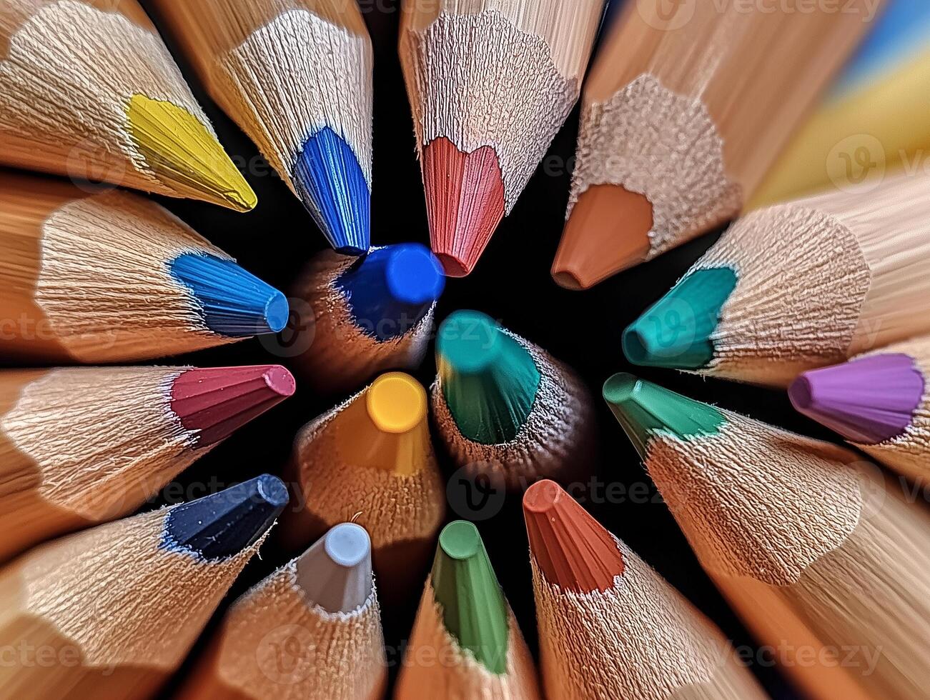 Colorful pencils arranged in a circle showcase vibrant tips under bright natural light in an artistic display photo