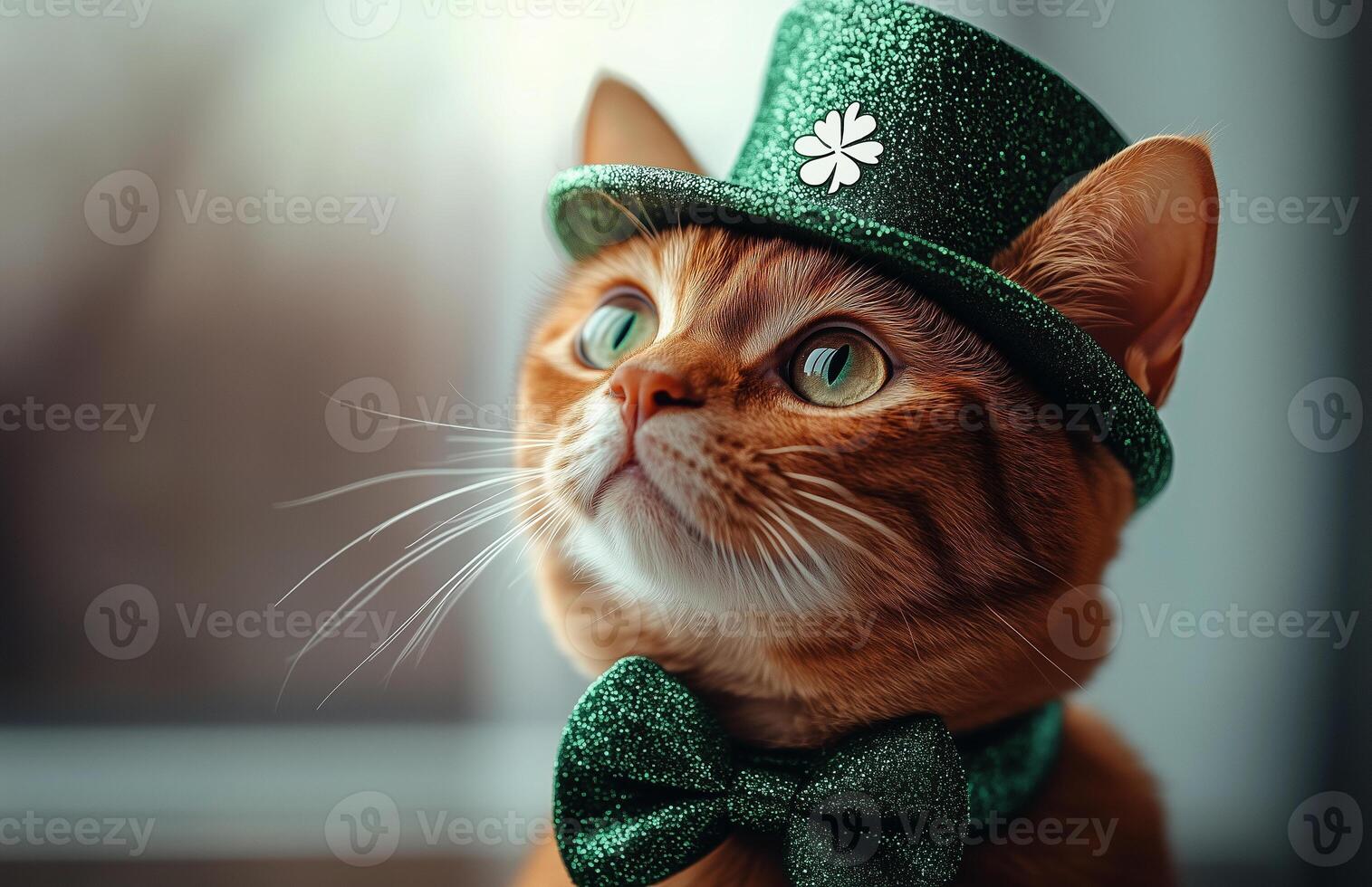 Beautiful Abyssinian cat in St. Patricks Day attire with a green hat and glitter bow tie photo