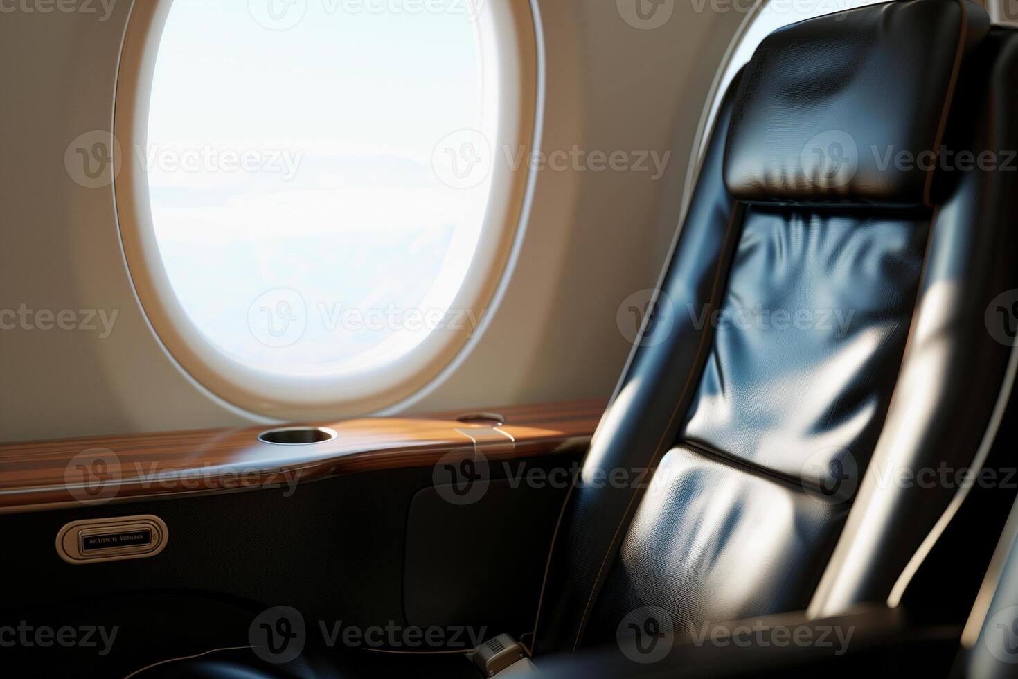 Glimpse of a private jet interior featuring a leather seat and walnut table by an oval window photo