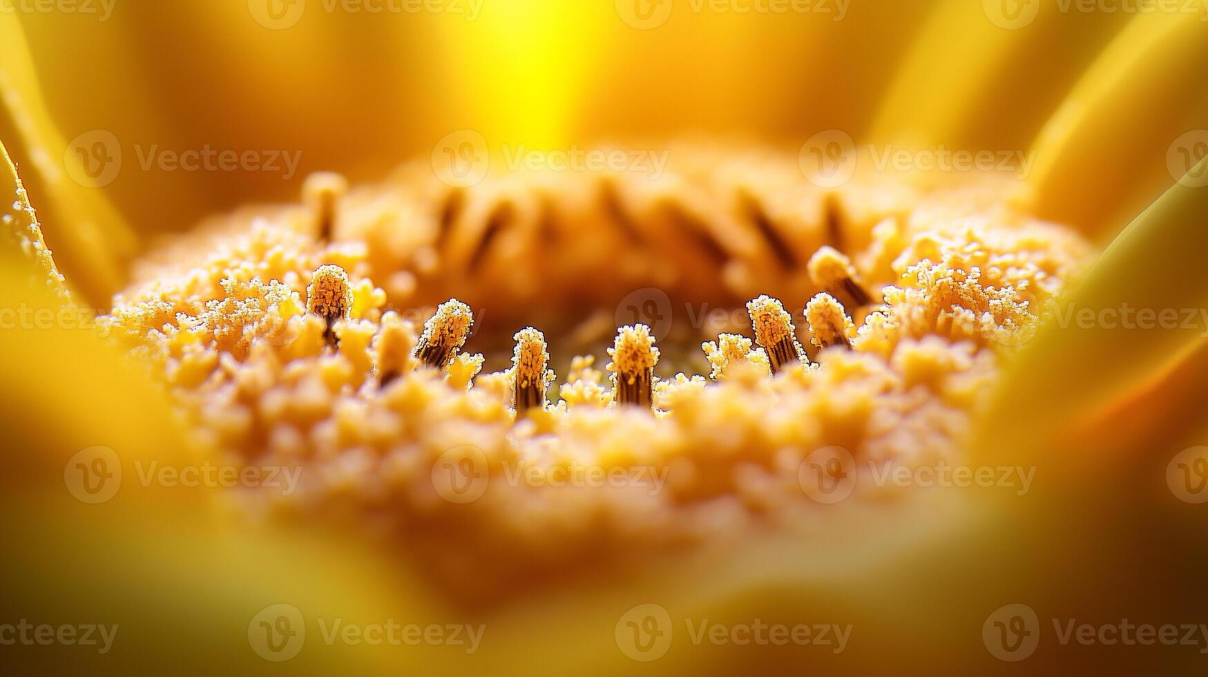 Close-up view of sunflower center showcases vibrant pollen and intricate petal details photo