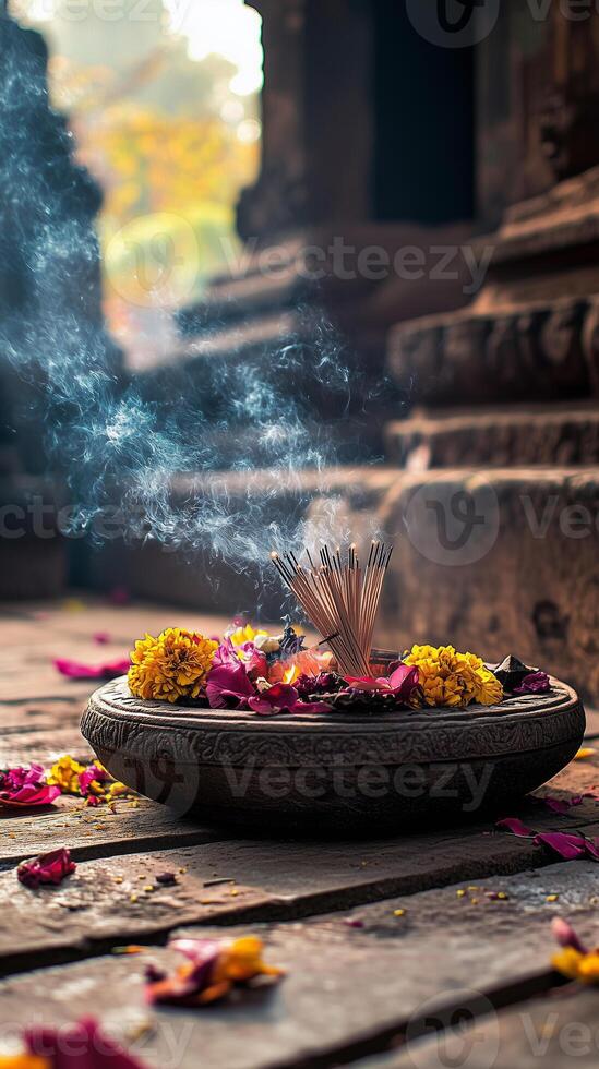 Offerings of flowers and incense smoke at a small stone temple in a serene setting photo