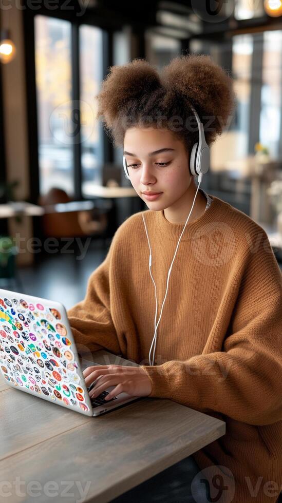 Young software developer immersed in work at a modern co-working space with natural light photo