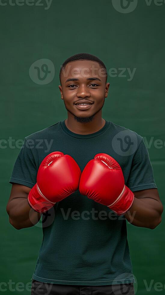African American man wearing red boxing gloves smiles in studio setting with green background photo