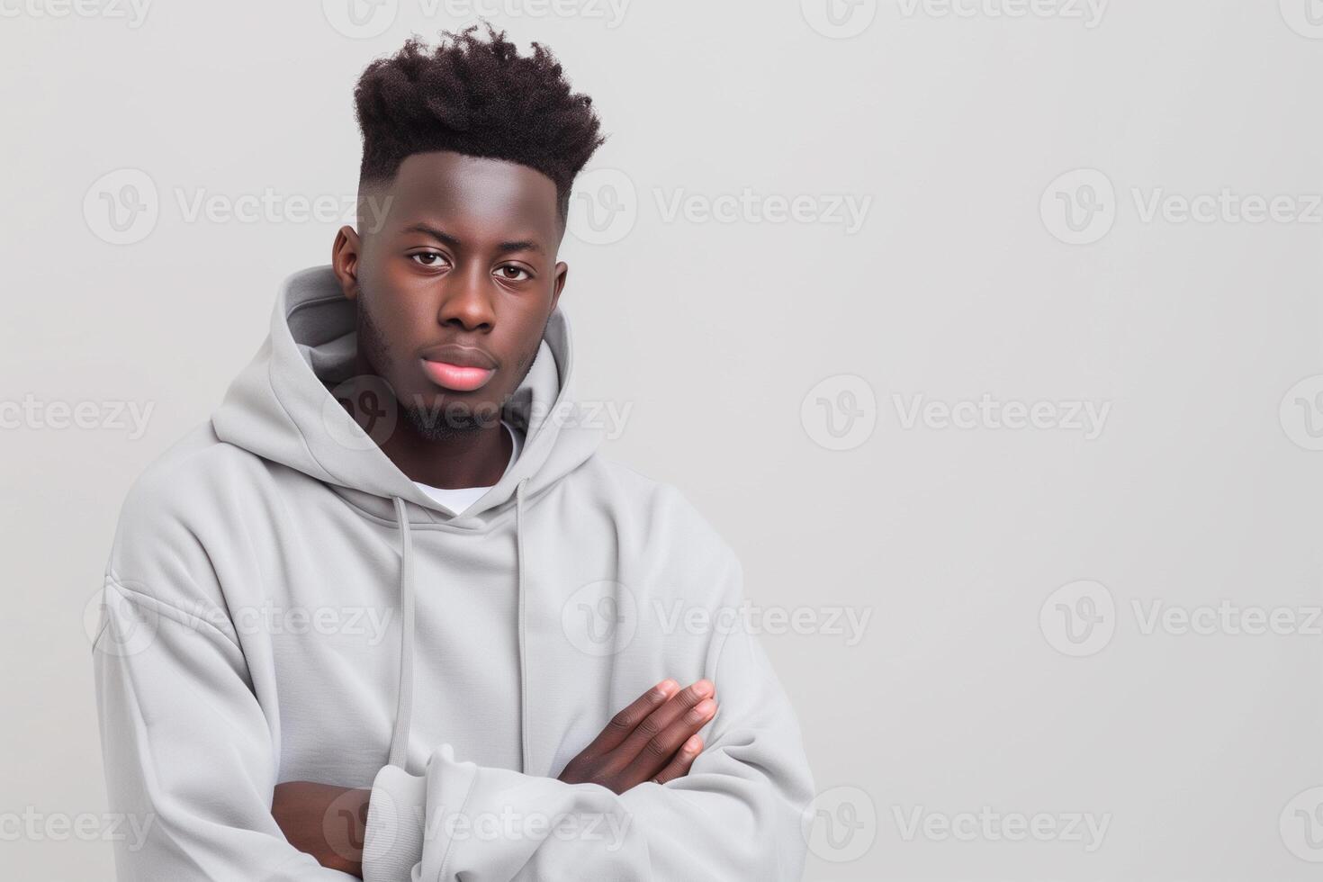 Young Black male fintech entrepreneur in a hoodie poses with confidence against a plain backdrop photo