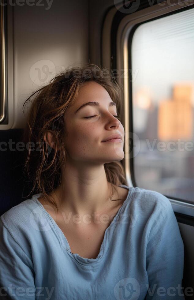 Woman gazes out of a subway window as soft golden light fills the train photo