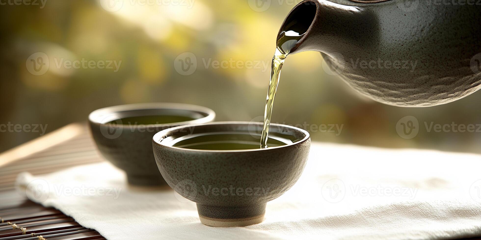 Green tea is poured into a Japanese cup, creating a calming moment on a linen tablecloth photo