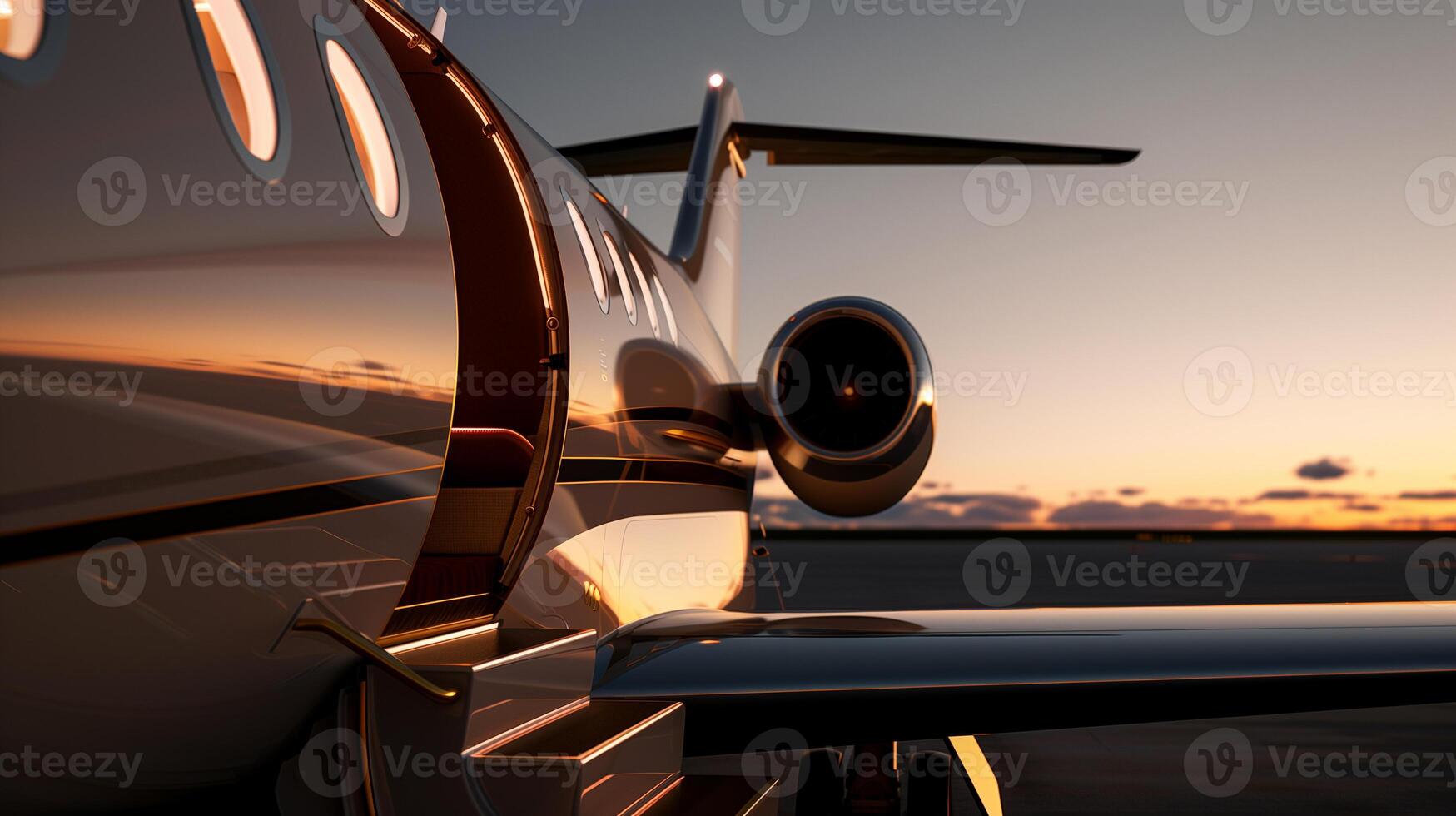Jet door ajar with built-in staircase leading to empty tarmac at sunset photo