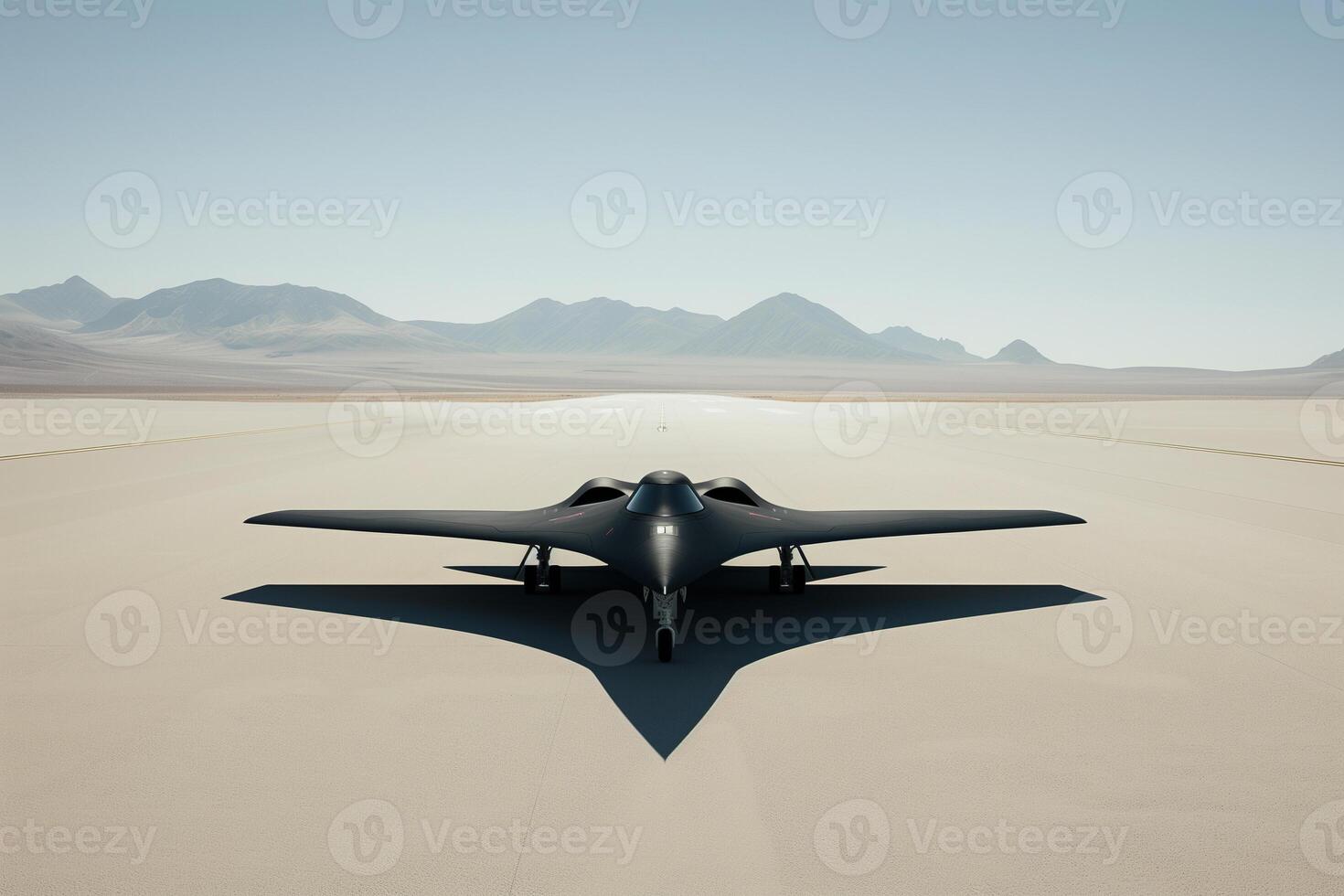 Minimalist side profile of a black jet stationed on an empty desert airstrip with distant mountains under heat haze photo