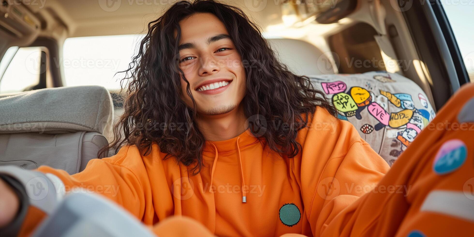 Stylish portrait of a Gen Z software developer working in a vibrant van filled with natural light photo