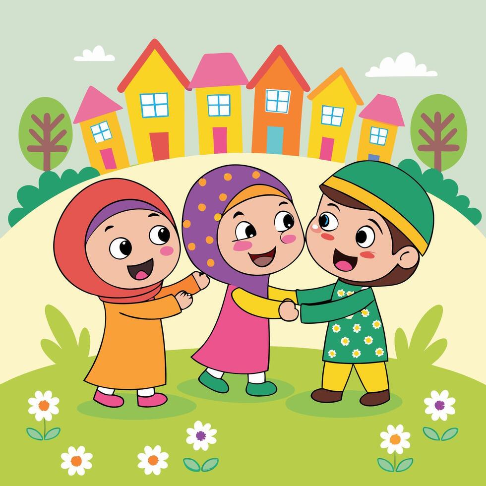Happy children playing in a colorful town vector