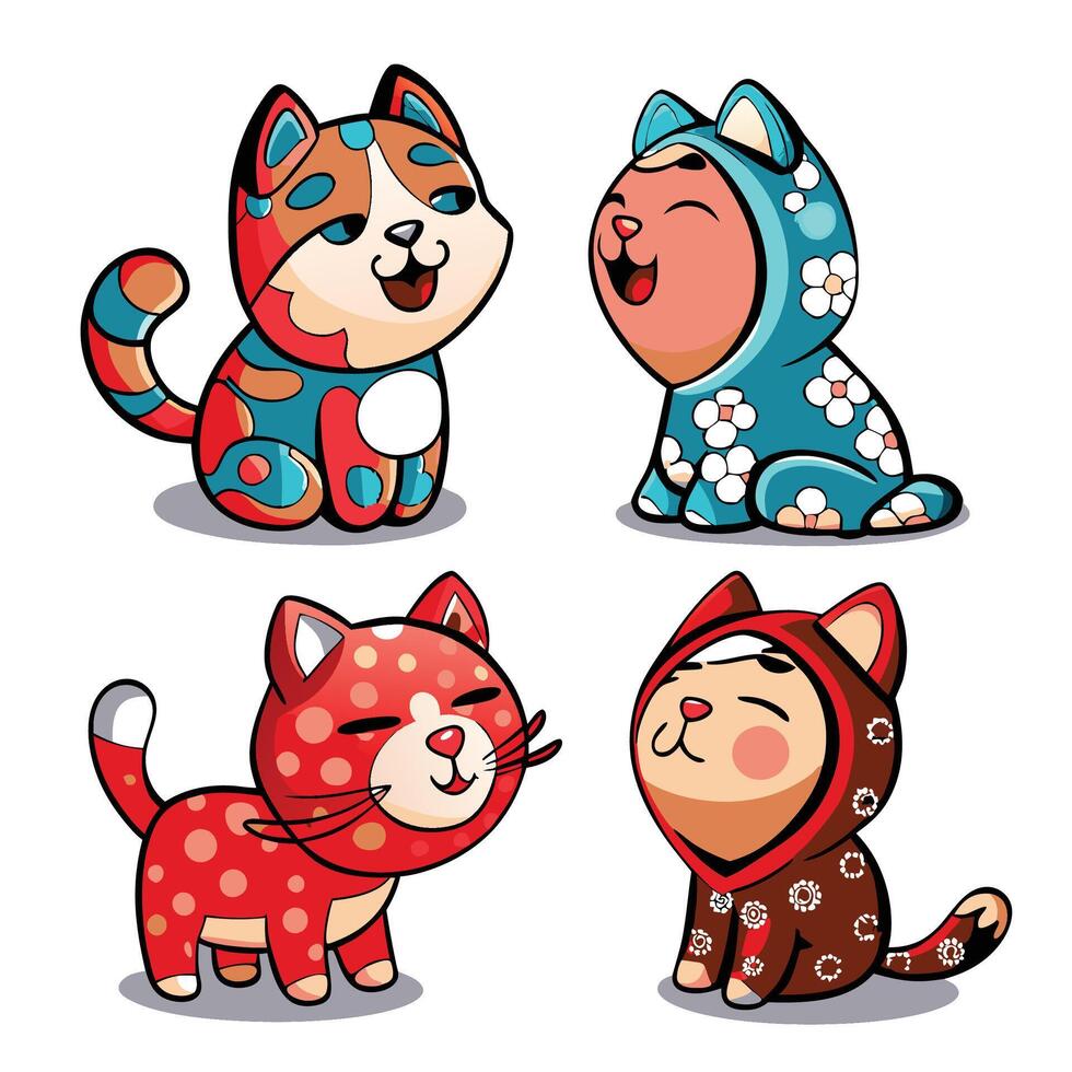Cute cartoon cats in patterned outfits vector