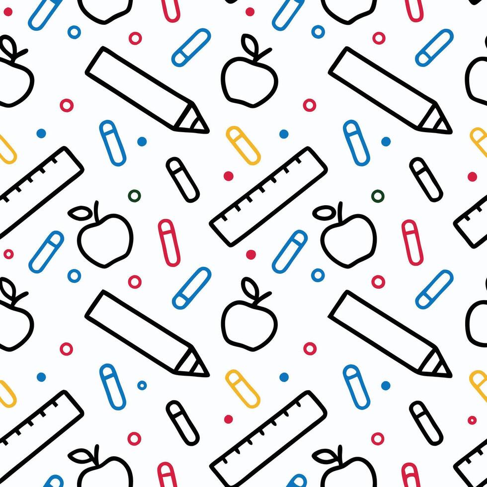Seamless pattern of apples, pencils, rulers, and colorful stationery on white background. vector