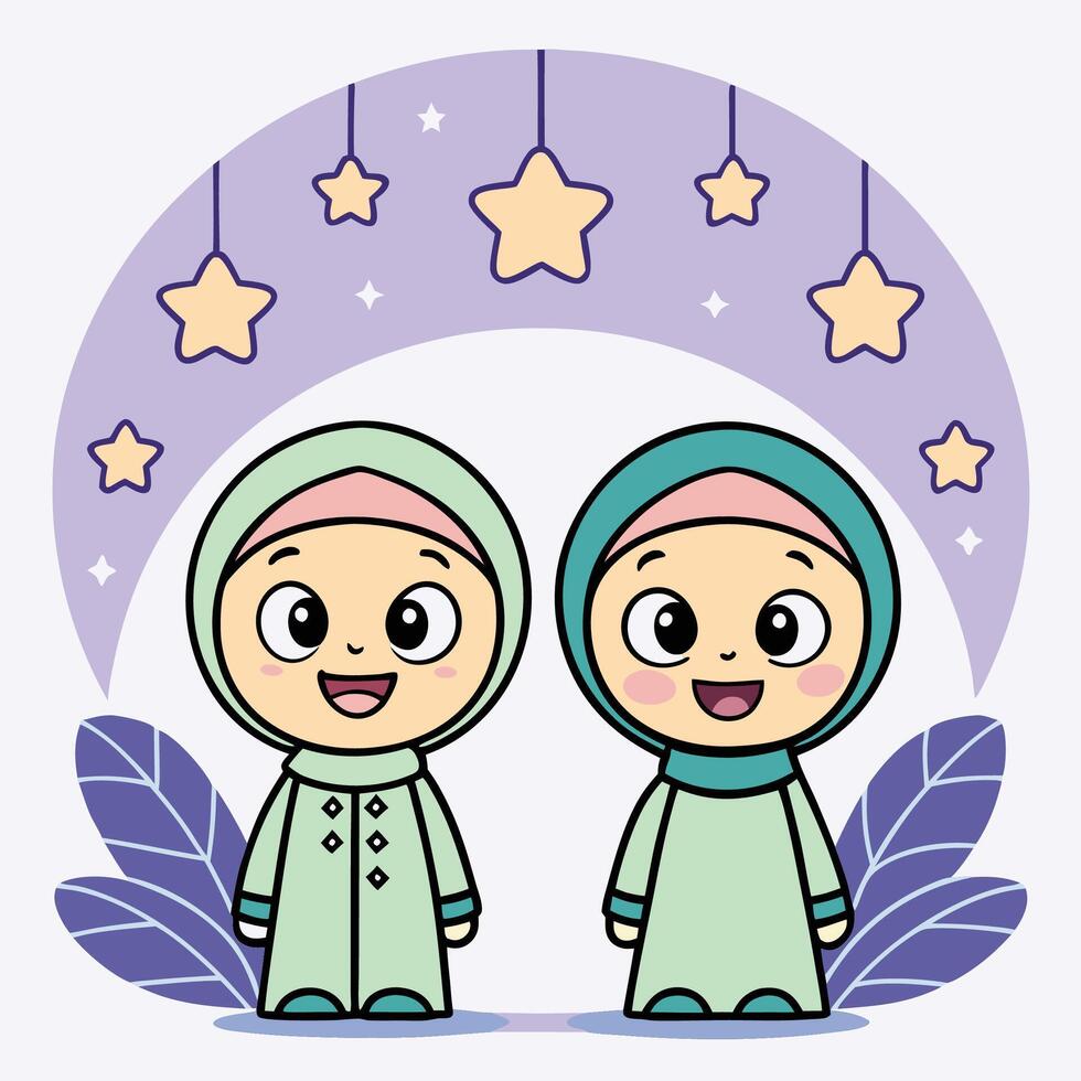 Two happy girls in hijab under hanging stars. vector