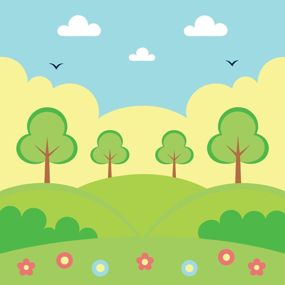 Idyllic cartoon landscape with green hills, trees, flowers, and birds under a blue sky. vector
