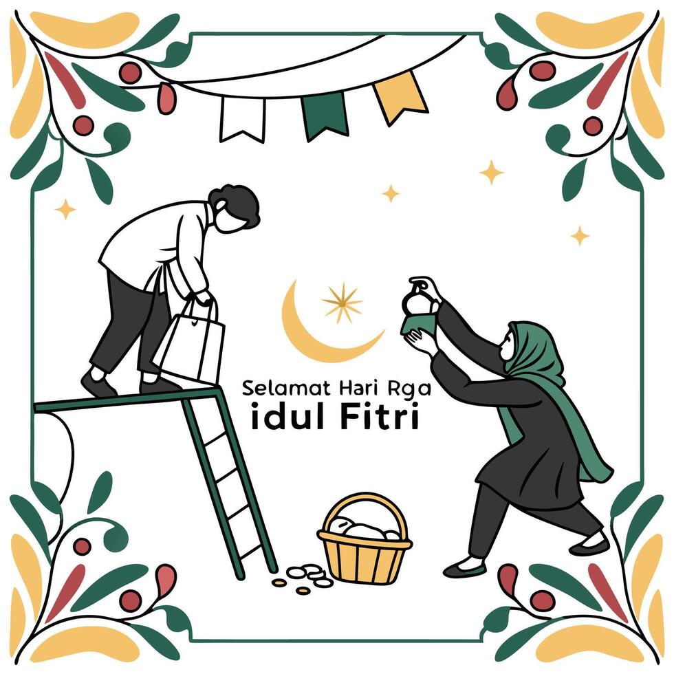 a poster with two people on a ladder and a basket vector
