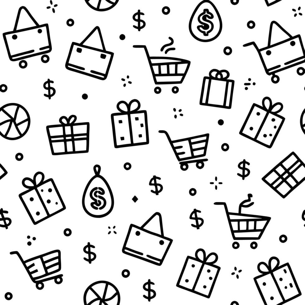 Cute shopping pattern with gifts, money and carts vector