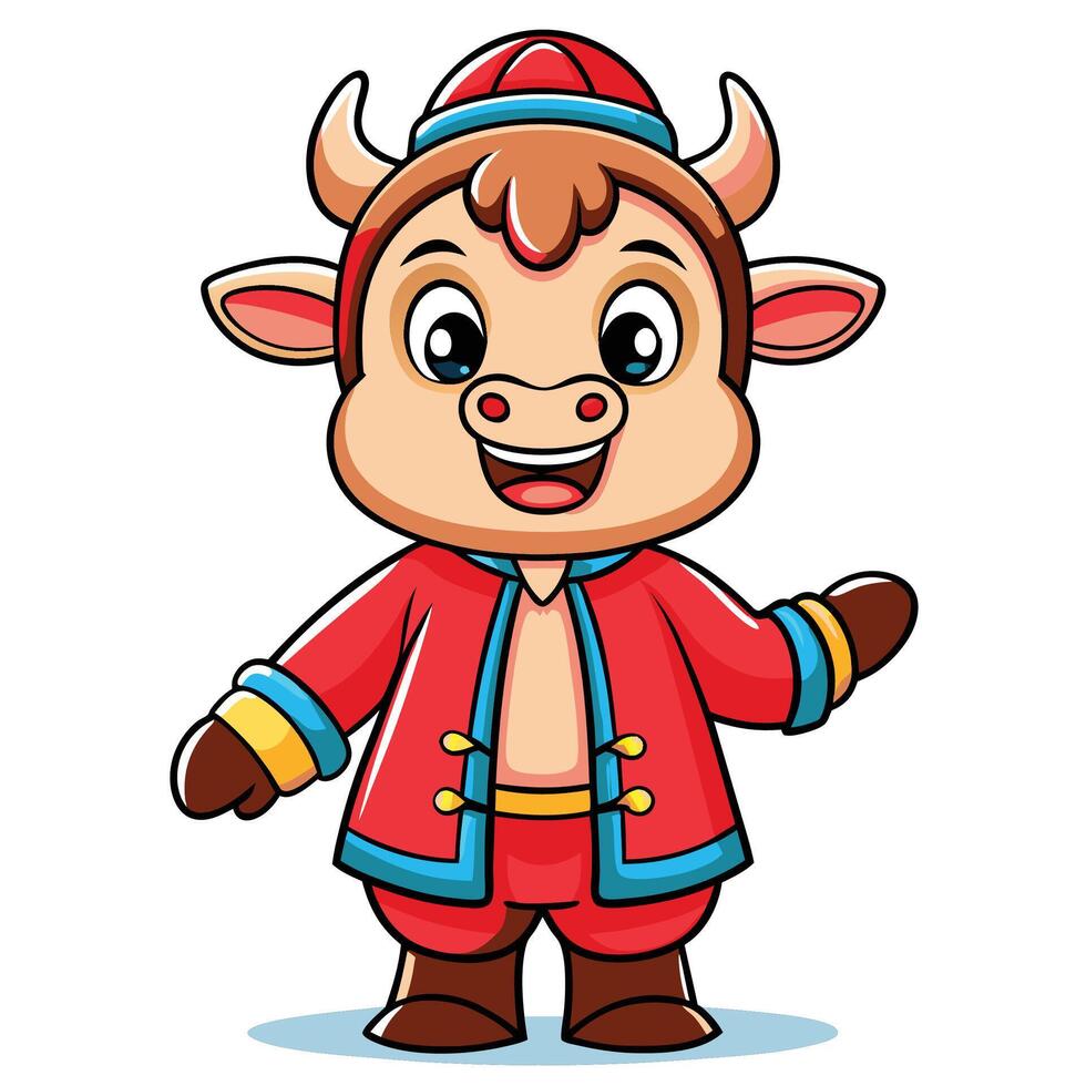 Cute cartoon ox in traditional attire vector